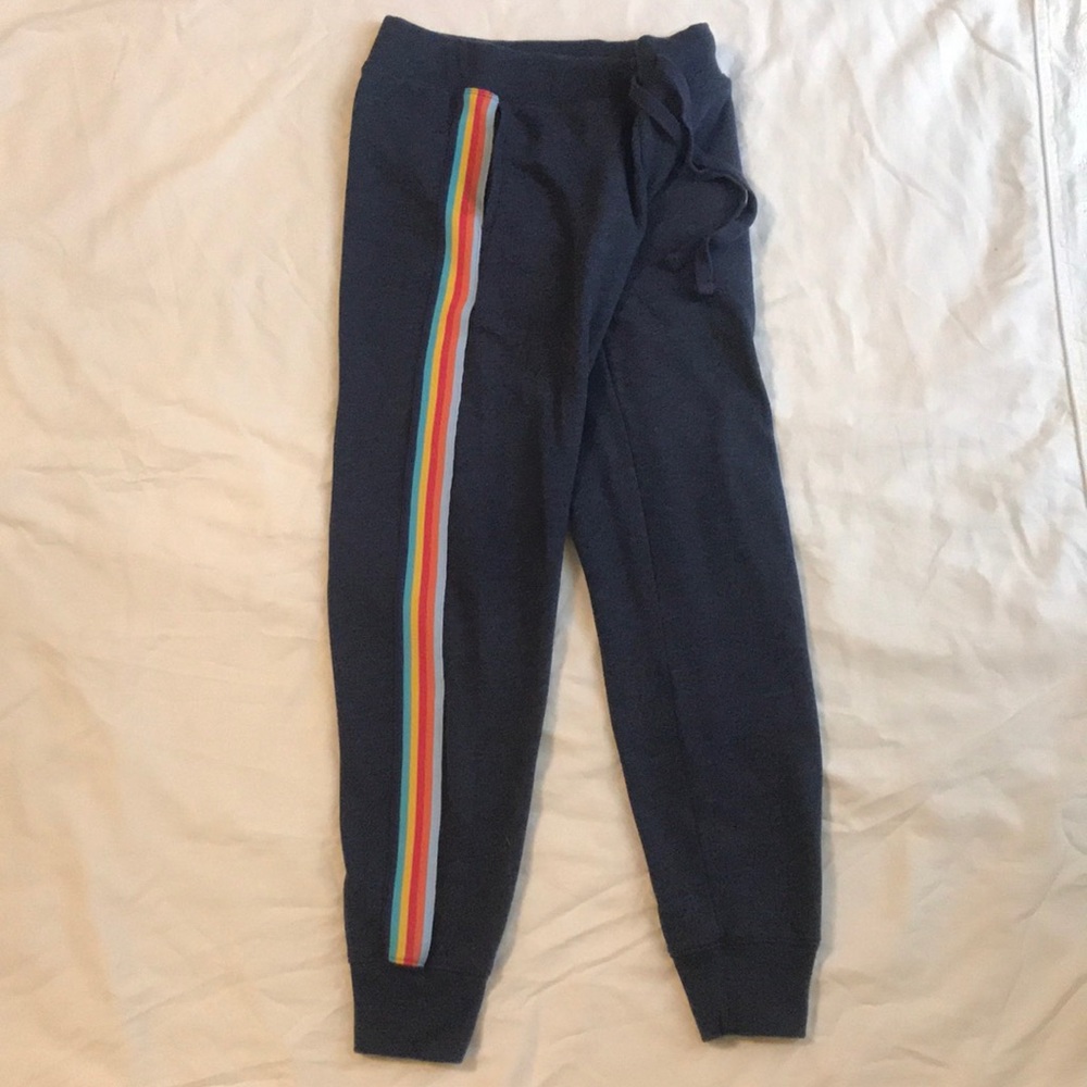 blue rainbow stripped sweatpants